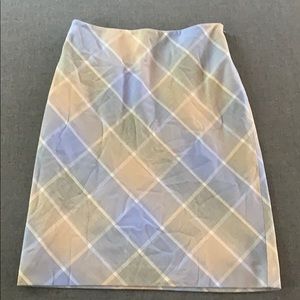 Ann Taylor Cream and Blue Plaid Midi Pencil Skirt